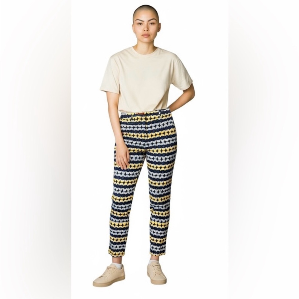 MaxMara Navy blue and Yellow Patterned Cropped cigarette cotton Pants